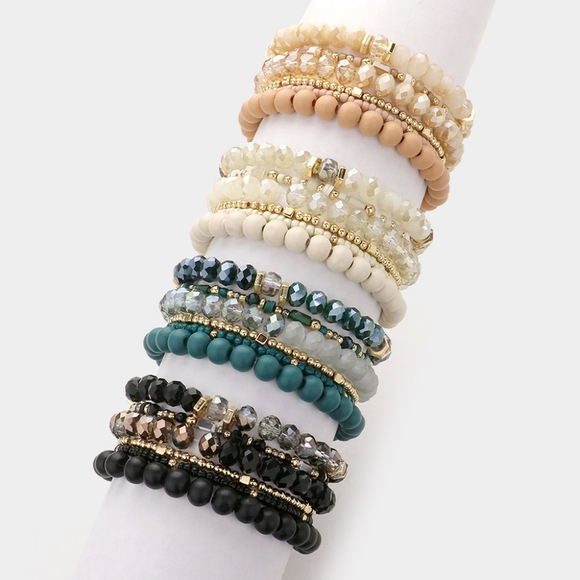 Pink Wood Ball Beaded 6 Piece Stacked MultiLayered Stretch Bracelets Gold - Picture 5 of 5